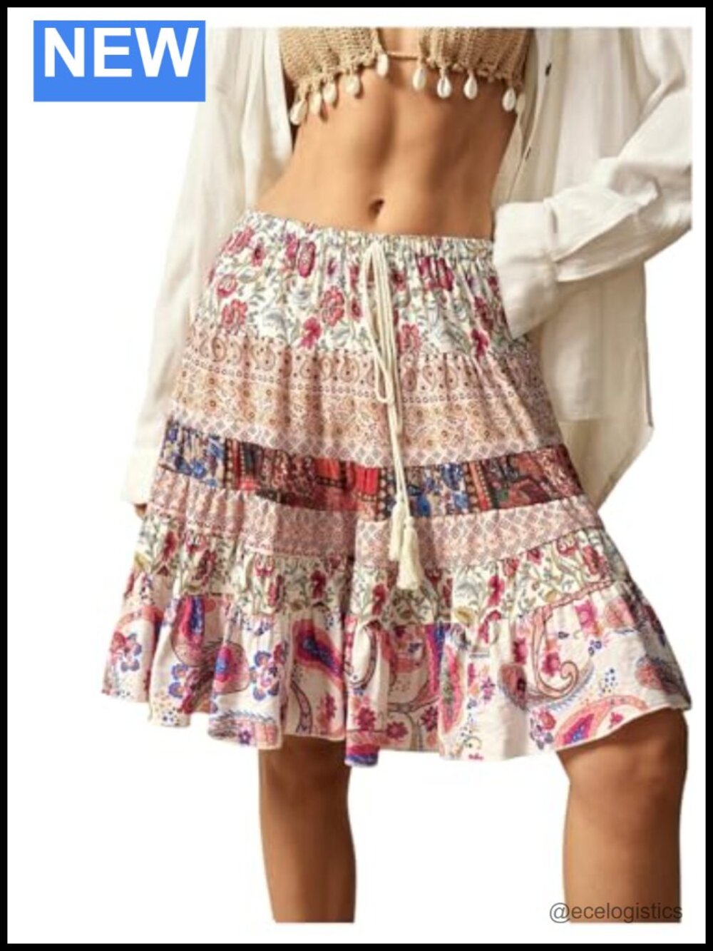 Women's Boho Western Midi Skirt Ruffle Flowy A-Line Viscose Casual